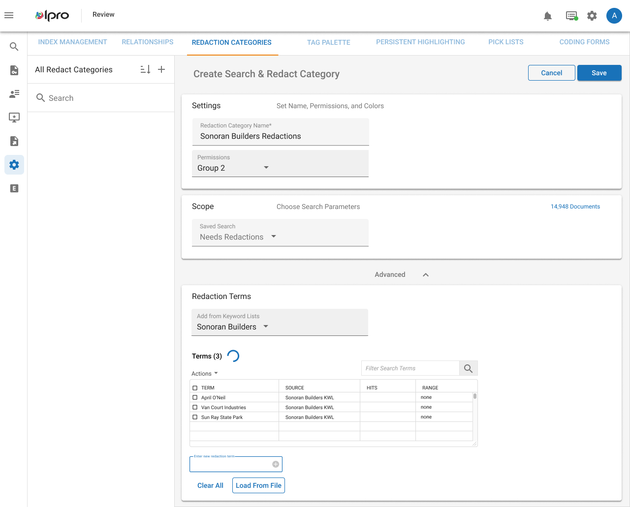 Redaction categories — advanced experience